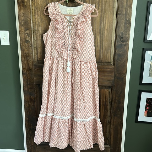 Kate Spade Arrow Stripe Boho Ruffle Pink Midi Dress sleeveless size large - Picture 2 of 6
